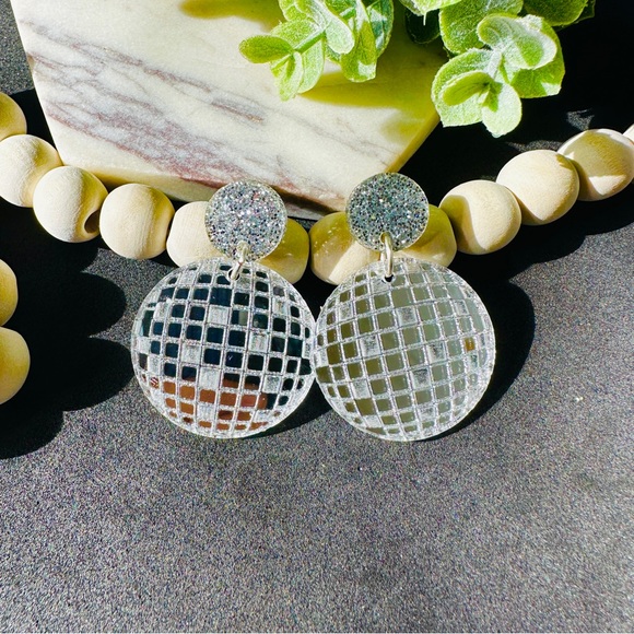 Disco Ball Earrings Silver Mirrors Post/ Stud - Picture 5 of 5